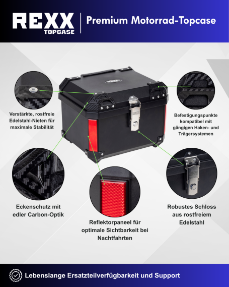 Schwarze Premium Motorradtasche mit roten Akzenten und verschiedenen Befestigungsmöglichkeiten.